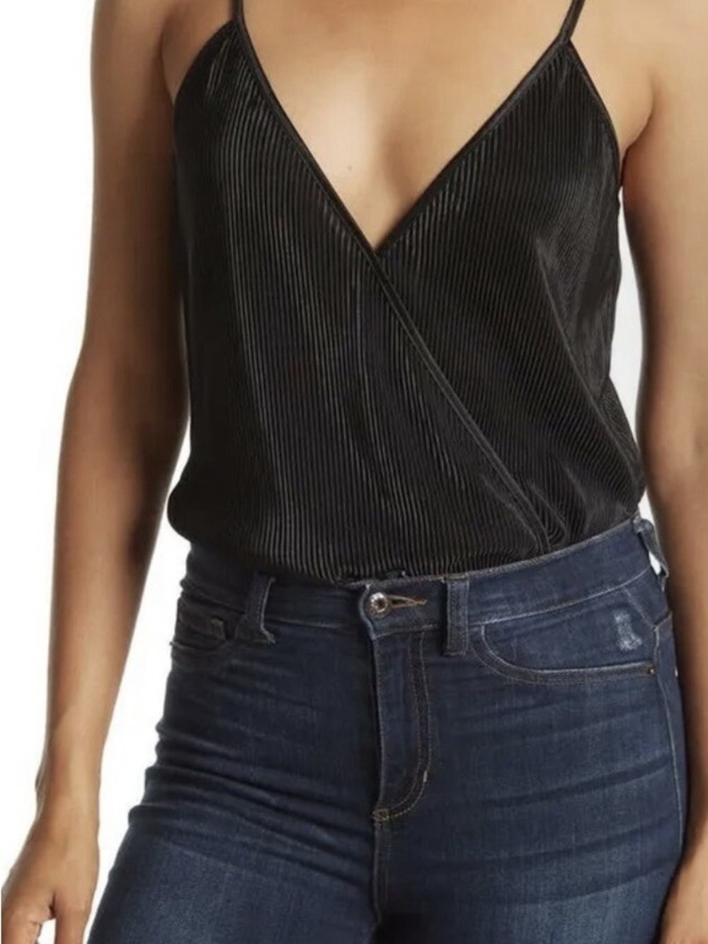 Wayf Black Pleated V-Neck Cami with Thin Straps
